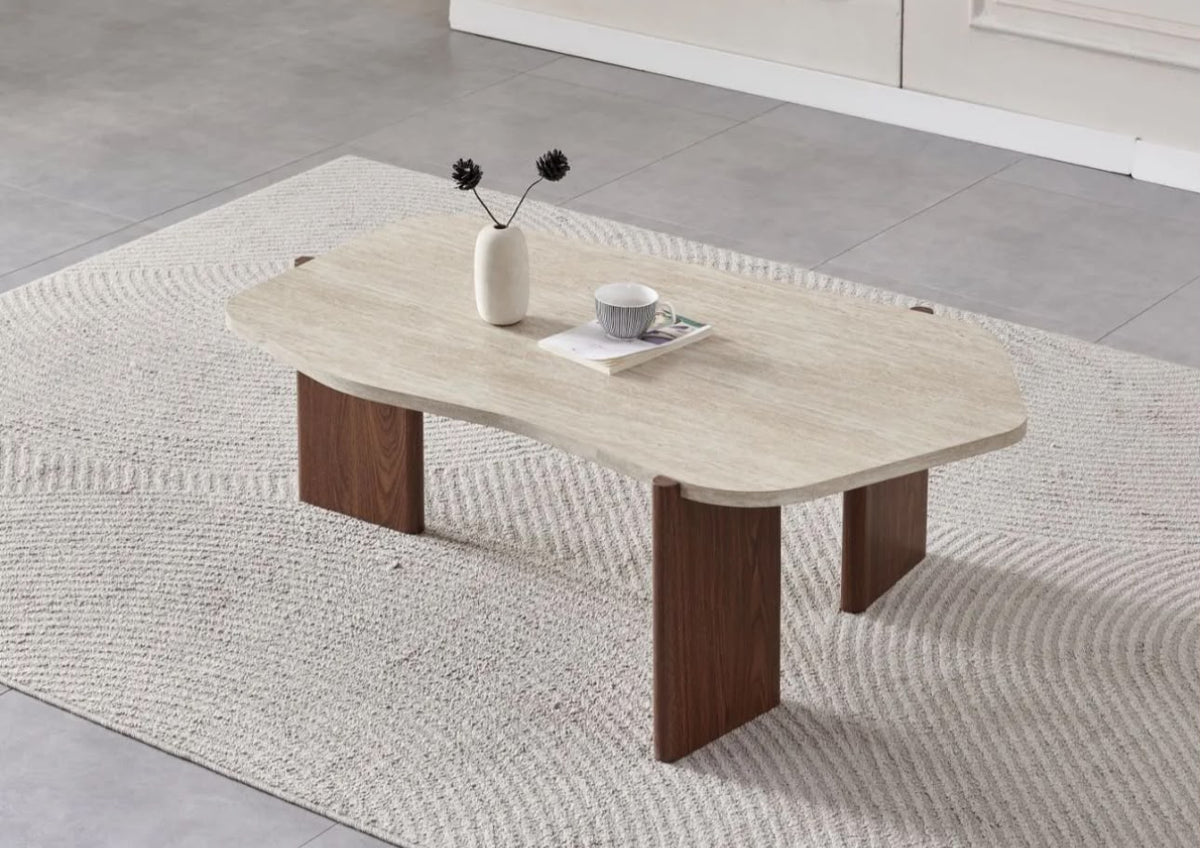 Table Basse Zora Effet Travertin Pied Noyer