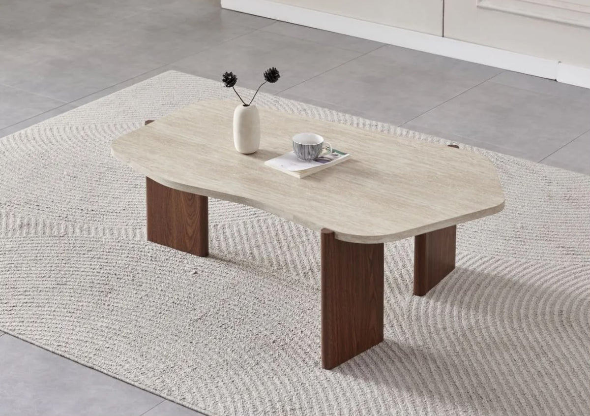 Table Basse Zora Effet Travertin Pied Noyer