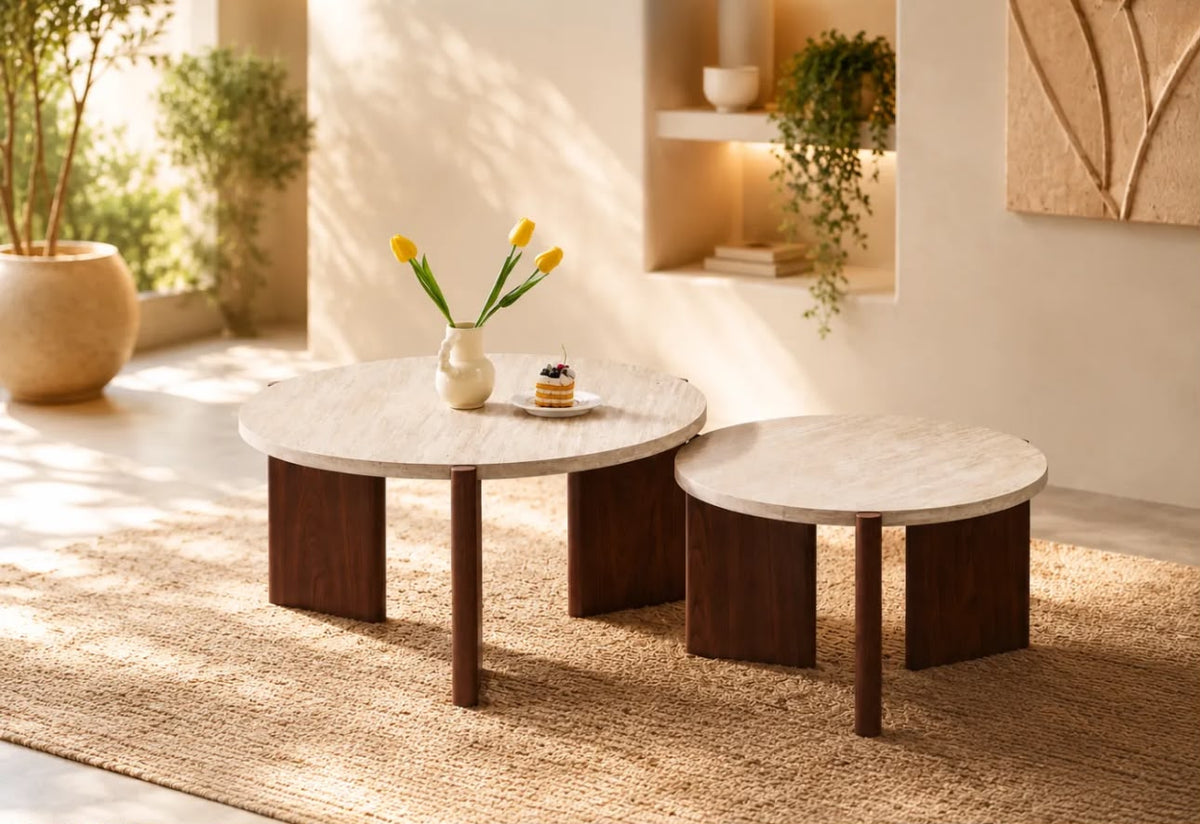 Table Basse Duo Zora Effet Travertin Pied Noyer