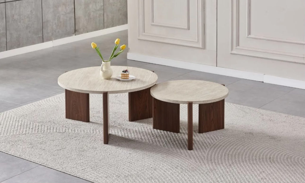 Table Basse Duo Zora Effet Travertin Pied Noyer