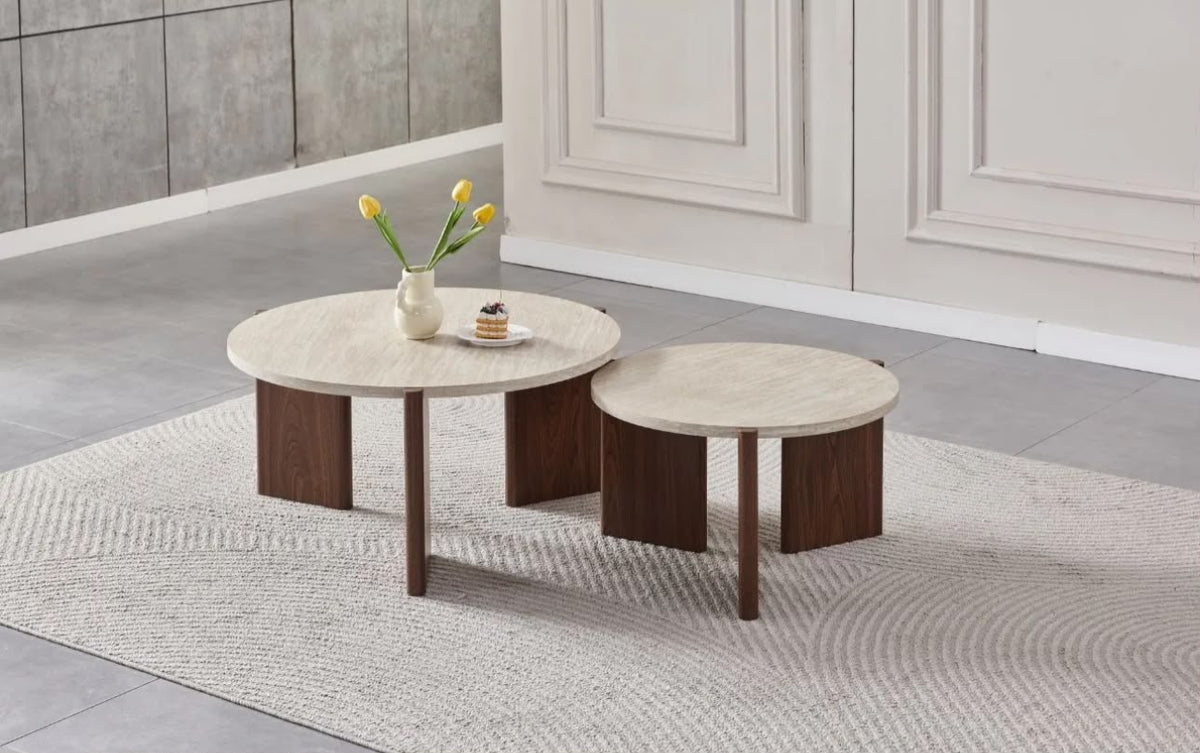 Table Basse Duo Zora Effet Travertin Pied Noyer