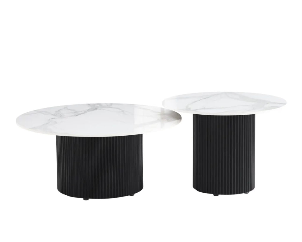 Table Basse BAIETA Pied Métal Noir Plateau Céramique Marbre Blanc 80+60cm