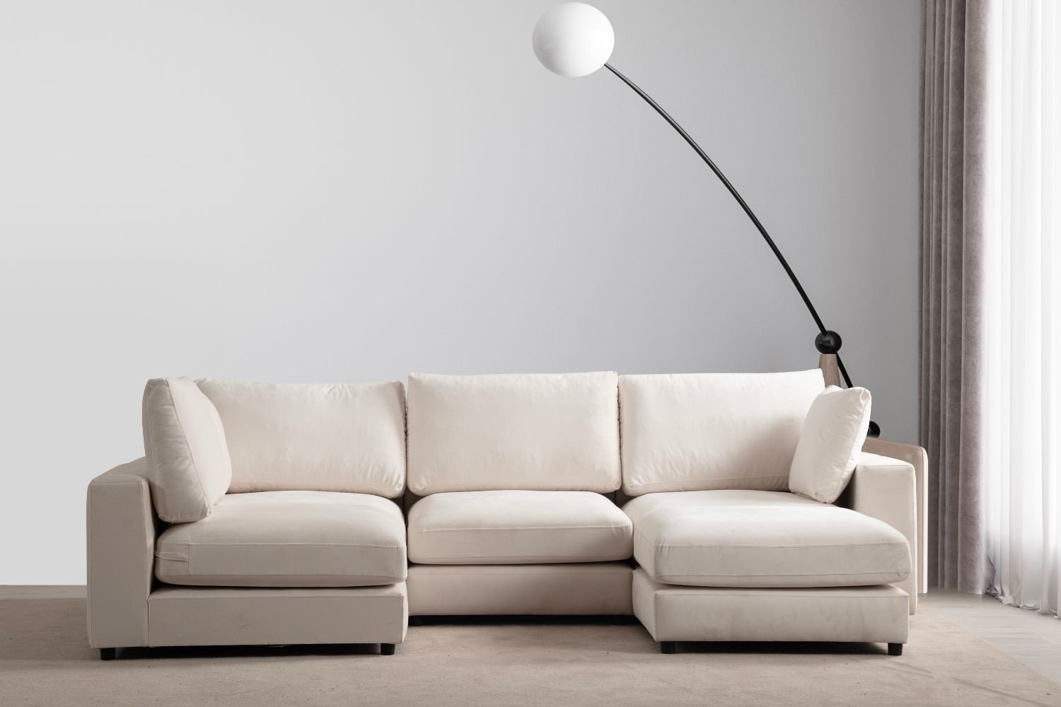 Canapé Julia Modulable Velours Blanc cassé 4+1 Pouf