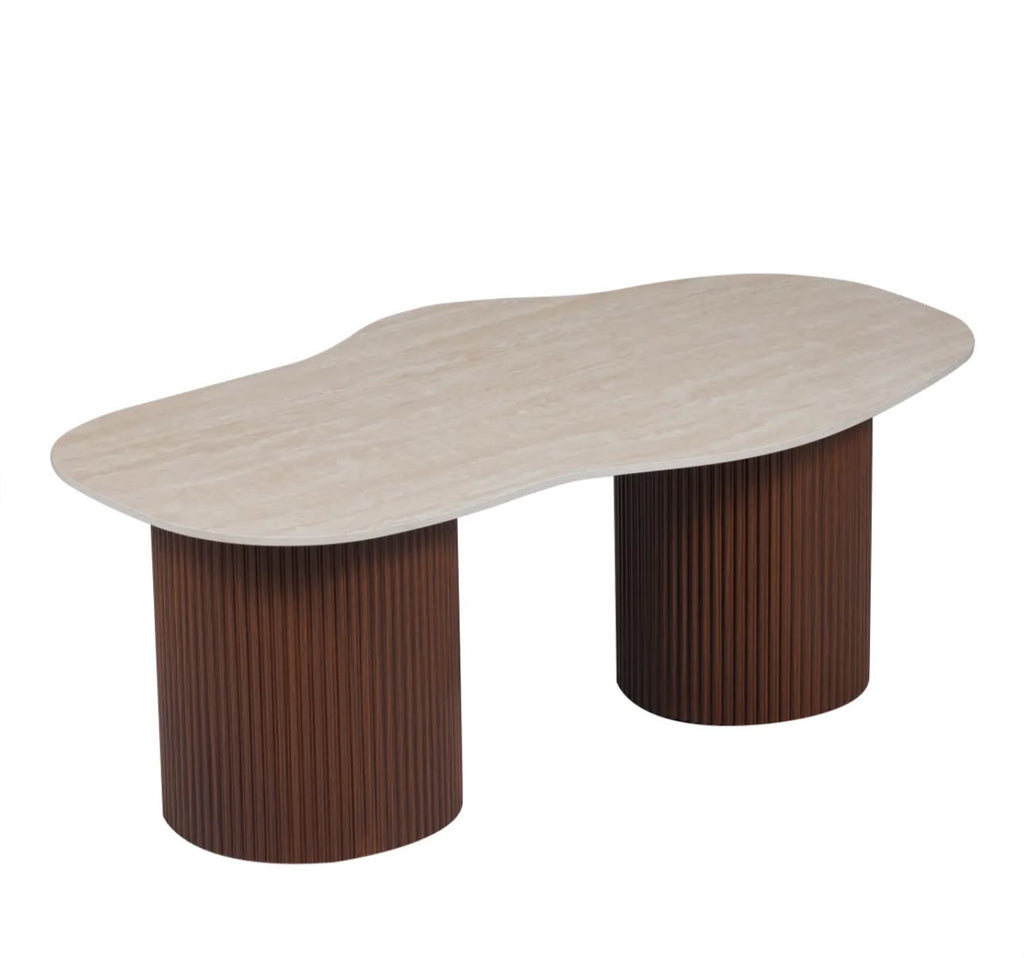 Table Basse NEW NIKI Pied Noyer Plateau Travertin Mat 120x70x45cm