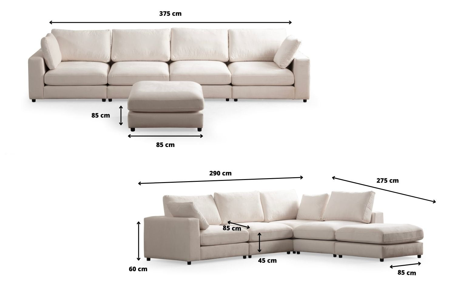 Canapé Julia Modulable Velours Blanc cassé 4+1 Pouf