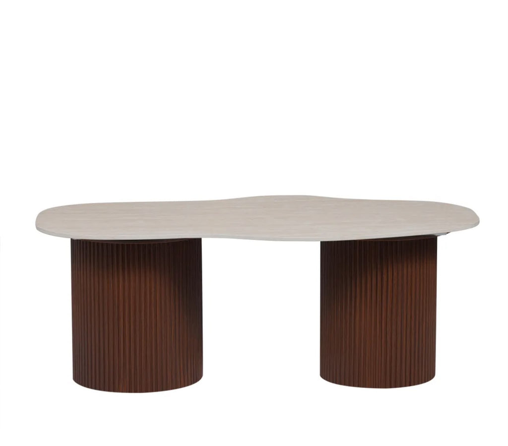 Table Basse NEW NIKI Pied Noyer Plateau Travertin Mat 120x70x45cm