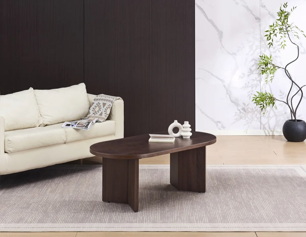 Table Basse PAGE Pied Effet Noyer Plateau Travertin Mat 120x60x45cm