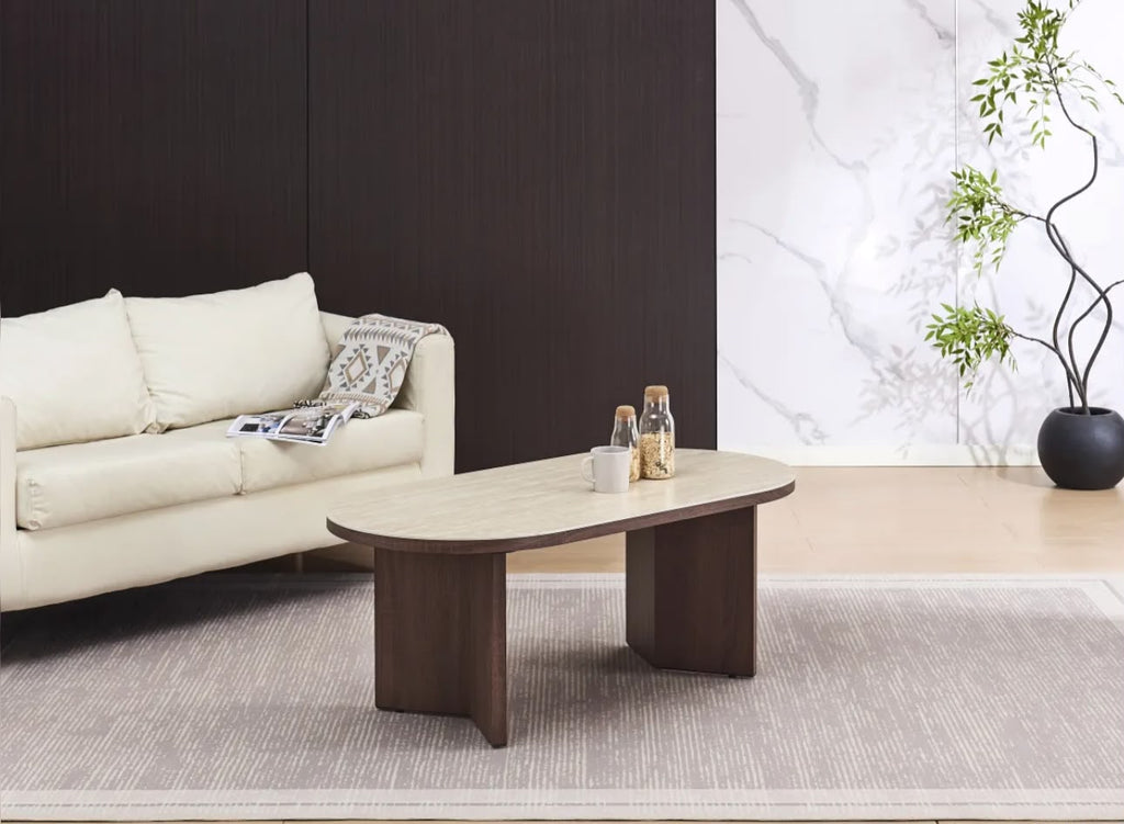 Table Basse PAGE Pied Effet Noyer Plateau Travertin Mat 120x60x45cm