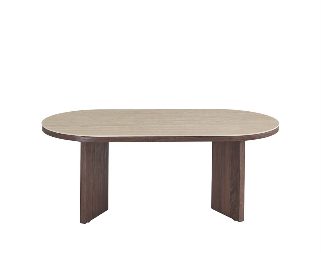 Table Basse PAGE Pied Effet Noyer Plateau Travertin Mat 120x60x45cm
