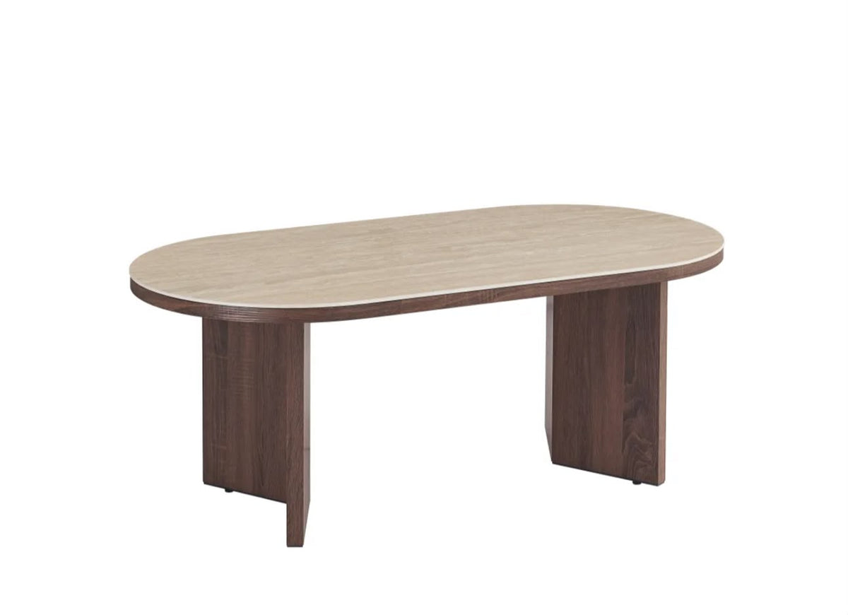 Table Basse PAGE Pied Effet Noyer Plateau Travertin Mat 120x60x45cm
