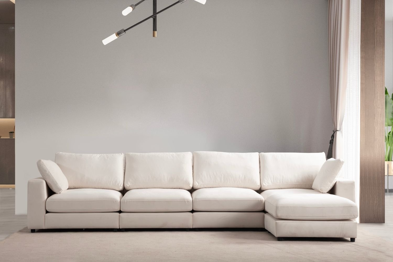 Canapé Julia Modulable Velours Blanc cassé 4+1 Pouf
