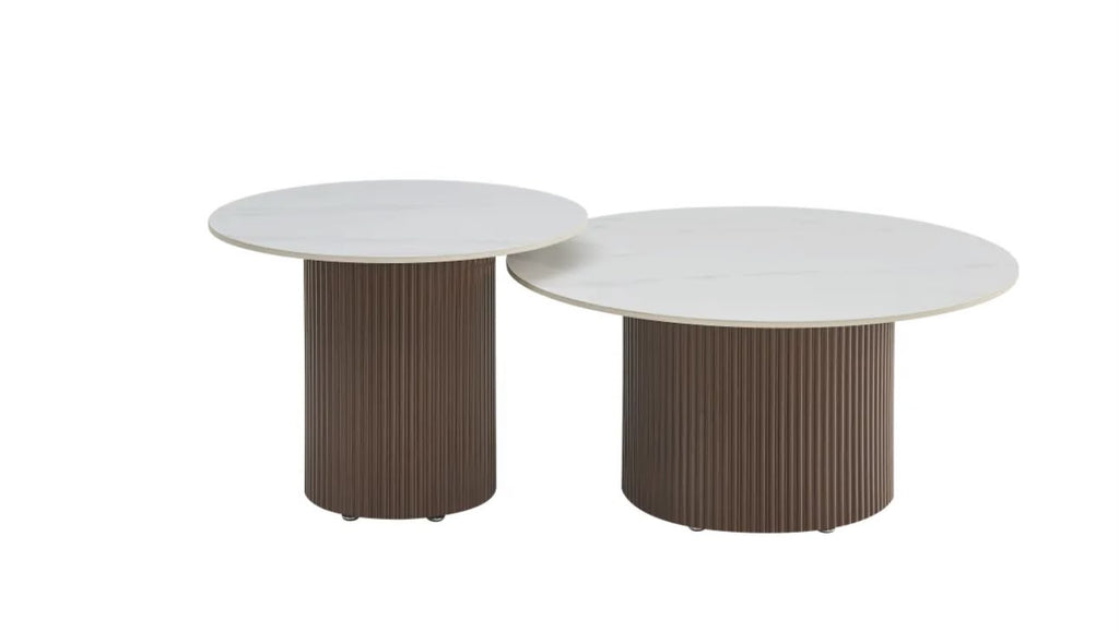 Table Basse BAIETA Pied Effet Noyer Plateau Céramique Marbre Blanc 80+60cm