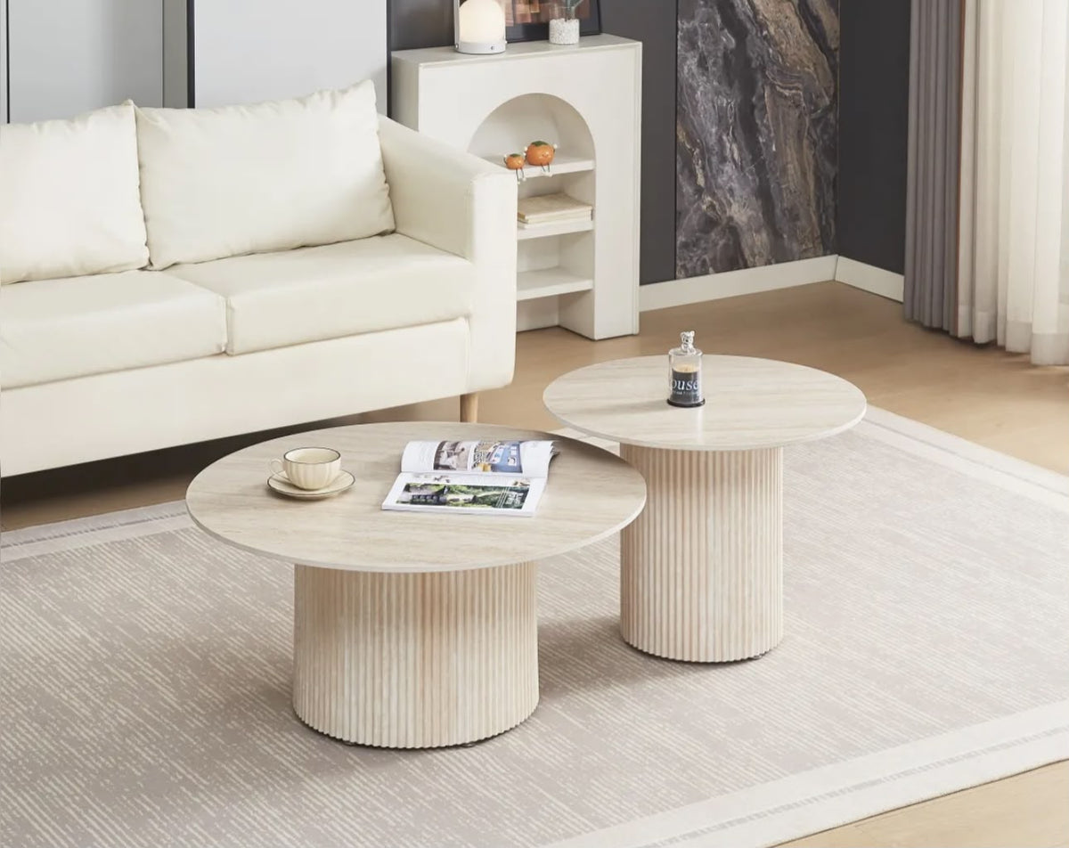 Table Basse BAIETA Pied Travertin Plateau Céramique Travertin Mat 80+60cm