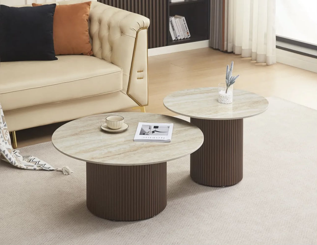 Table Basse BAIETA Pied Effet Noyer Plateau Céramique Travertin Brillant 80+60cm