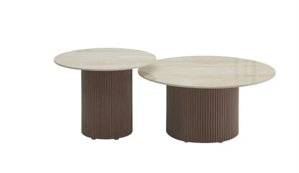 Table Basse BAIETA Pied Effet Noyer Plateau Céramique Travertin Brillant 80+60cm