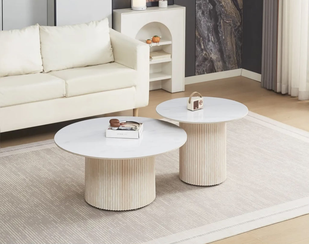 Table Basse BAIETA Pied Travertin Plateau Céramique Marbre Blanc 80+60cm