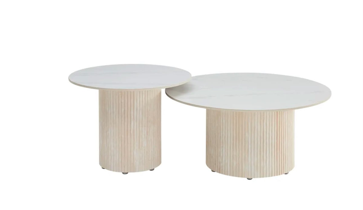 Table Basse BAIETA Pied Travertin Plateau Céramique Marbre Blanc 80+60cm