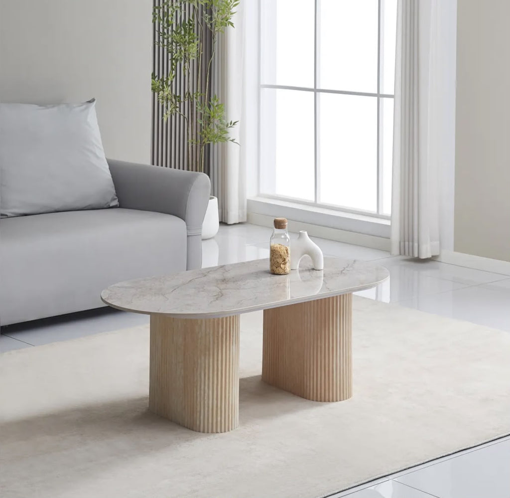 Table Basse ROXY Pied Travertin Céramique Shakespeare Gris 120x60cm