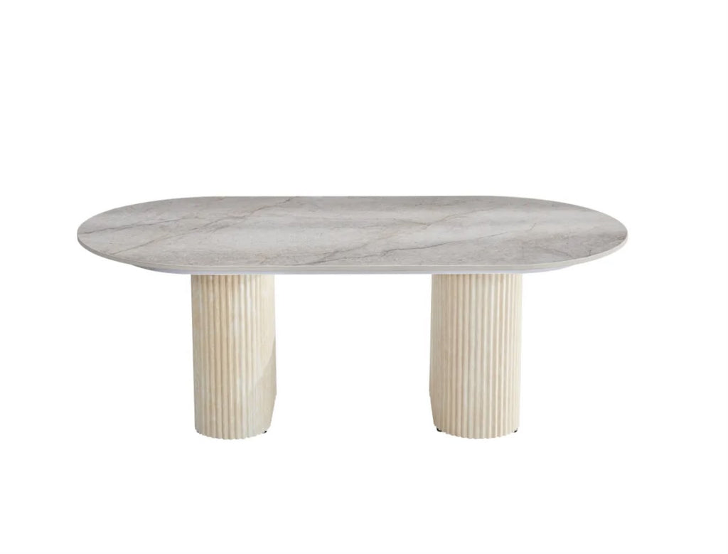 Table Basse ROXY Pied Travertin Céramique Shakespeare Gris 120x60cm