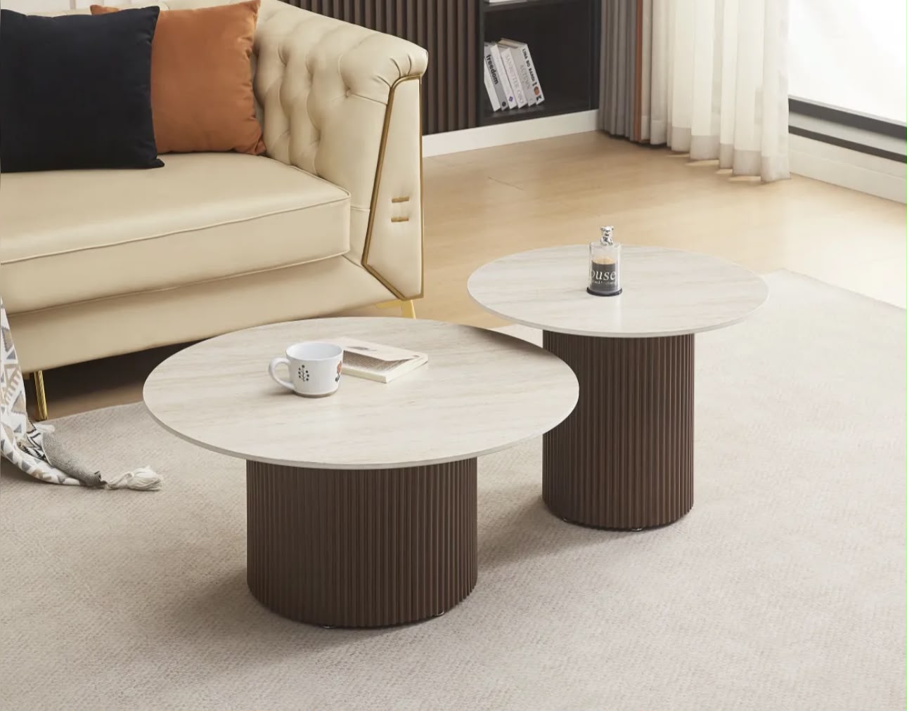 Table Basse BAIETA Pied Effet Noyer Plateau Céramique Travertin Mat 80+60cm