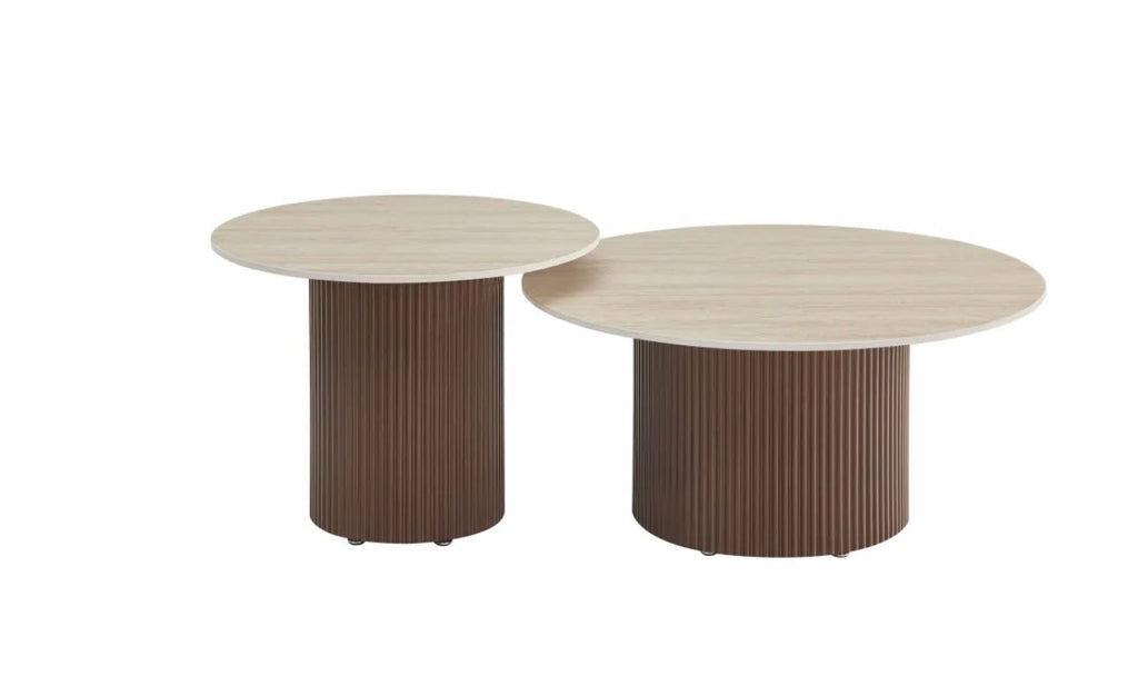 Table Basse BAIETA Pied Effet Noyer Plateau Céramique Travertin Mat 80+60cm