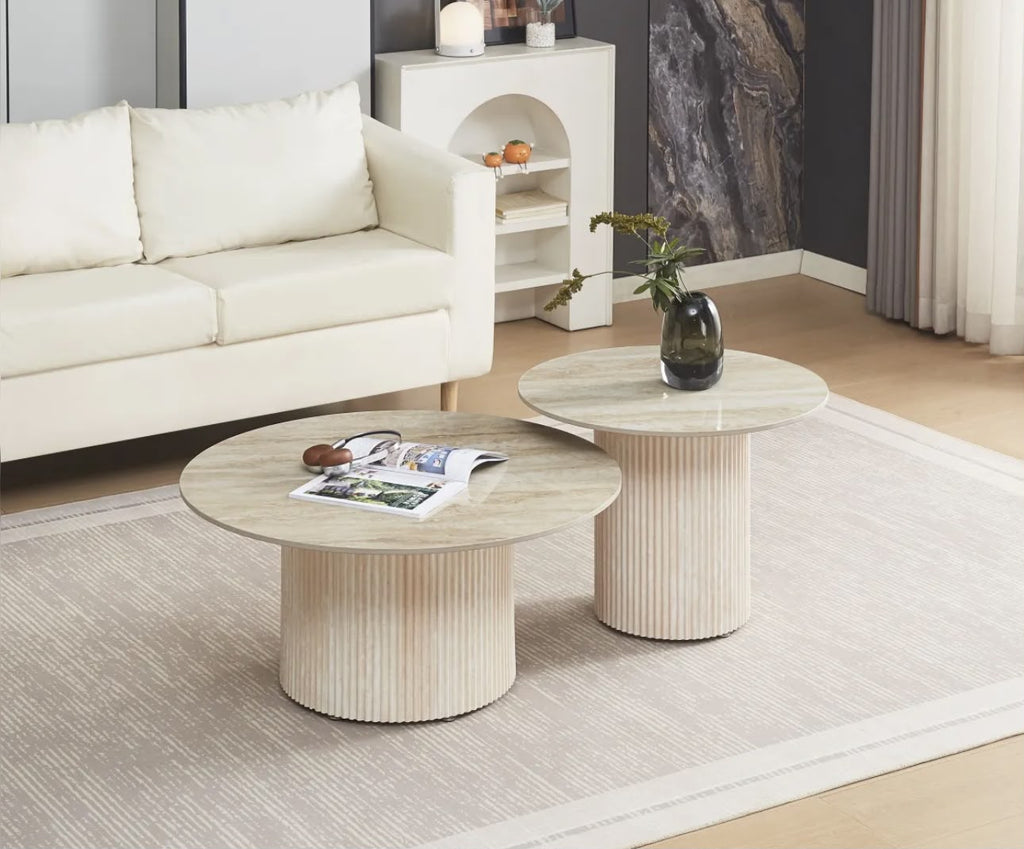 Table Basse BAIETA Pied Travertin Plateau Céramique Travertin Brillant 80+60cm