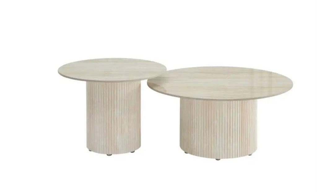 Table Basse BAIETA Pied Travertin Plateau Céramique Travertin Brillant 80+60cm