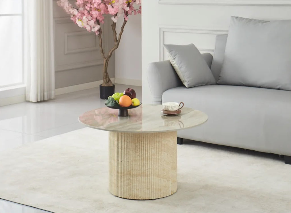 Table Basse FAMOUS Pied Travertin Plateau Céramique Travertin Brillant 80cm