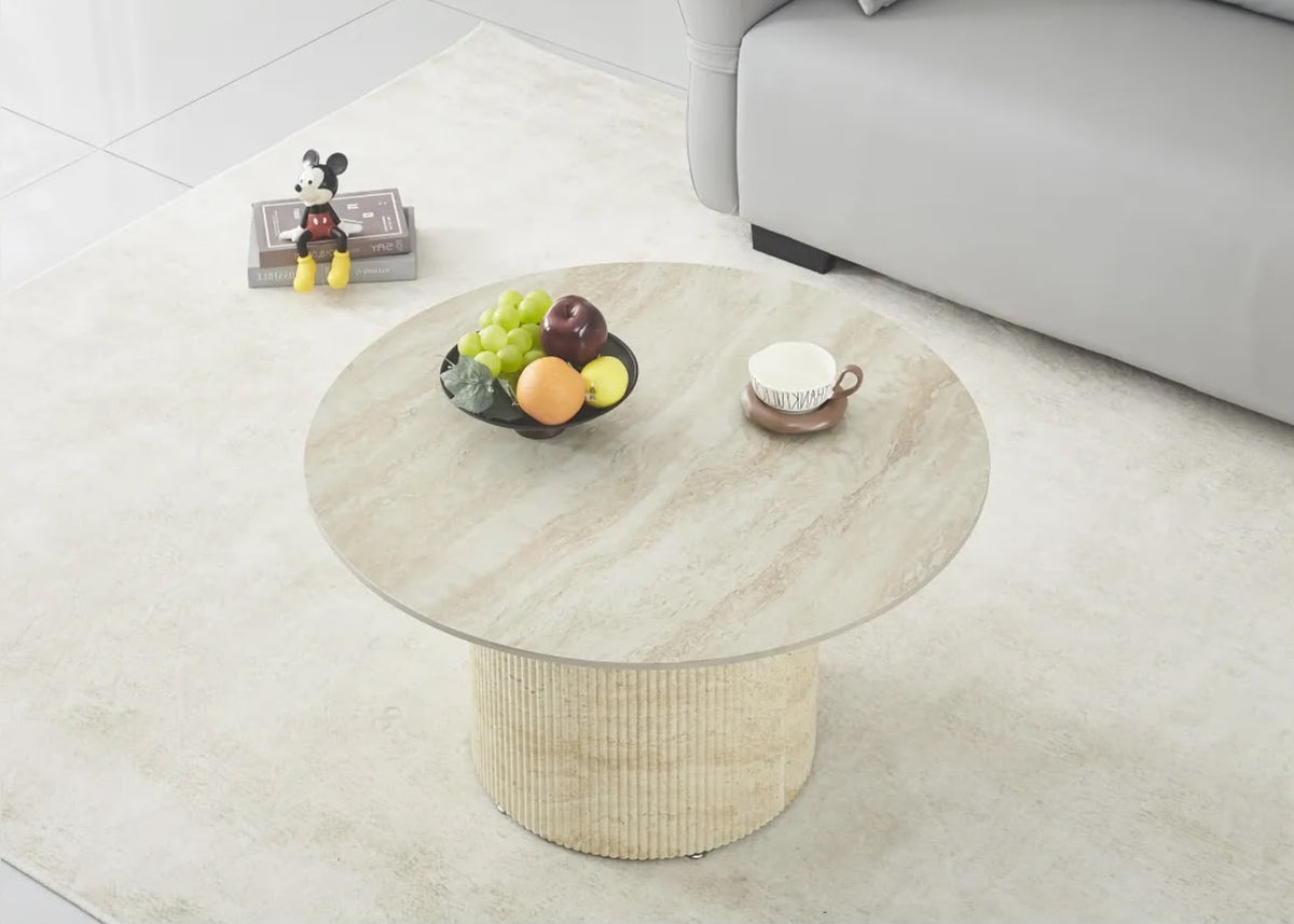 Table Basse FAMOUS Pied Travertin Plateau Céramique Travertin Brillant 80cm