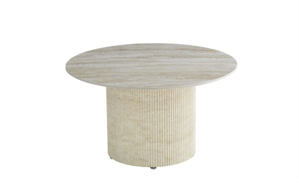 Table Basse FAMOUS Pied Travertin Plateau Céramique Travertin Brillant 80cm