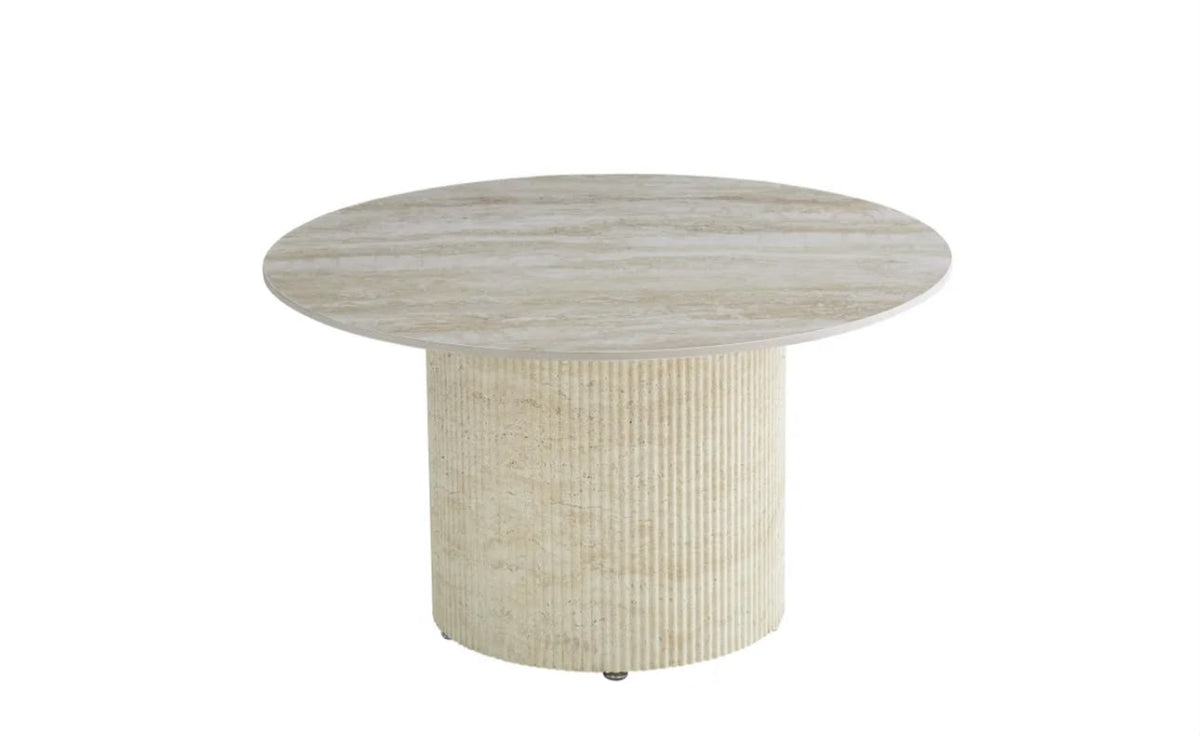 Table Basse FAMOUS Pied Travertin Plateau Céramique Travertin Brillant 80cm