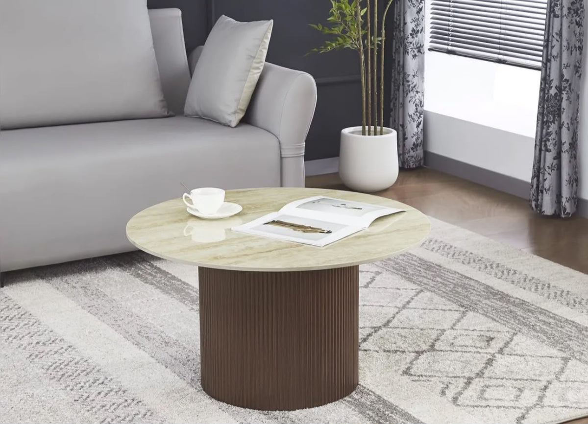 Table Basse FAMOUS Pied Effet Noyer Plateau Céramique Travertin Brillant 80cm