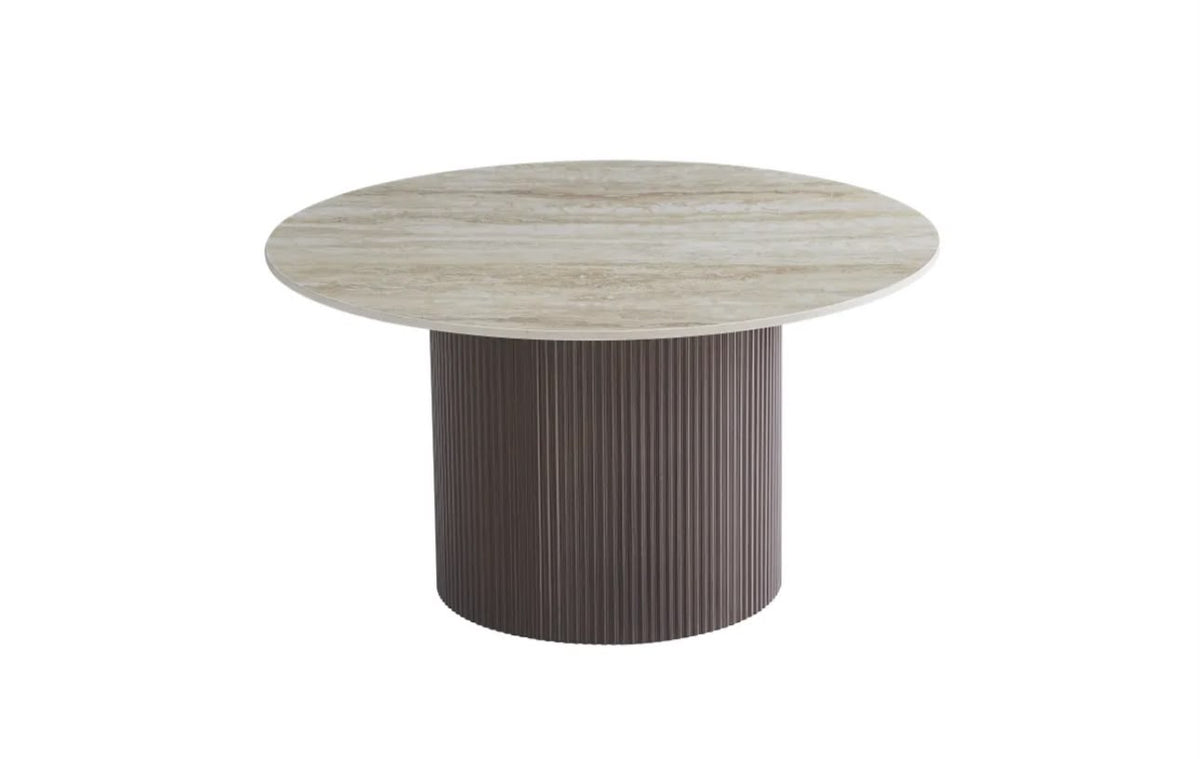 Table Basse FAMOUS Pied Effet Noyer Plateau Céramique Travertin Brillant 80cm