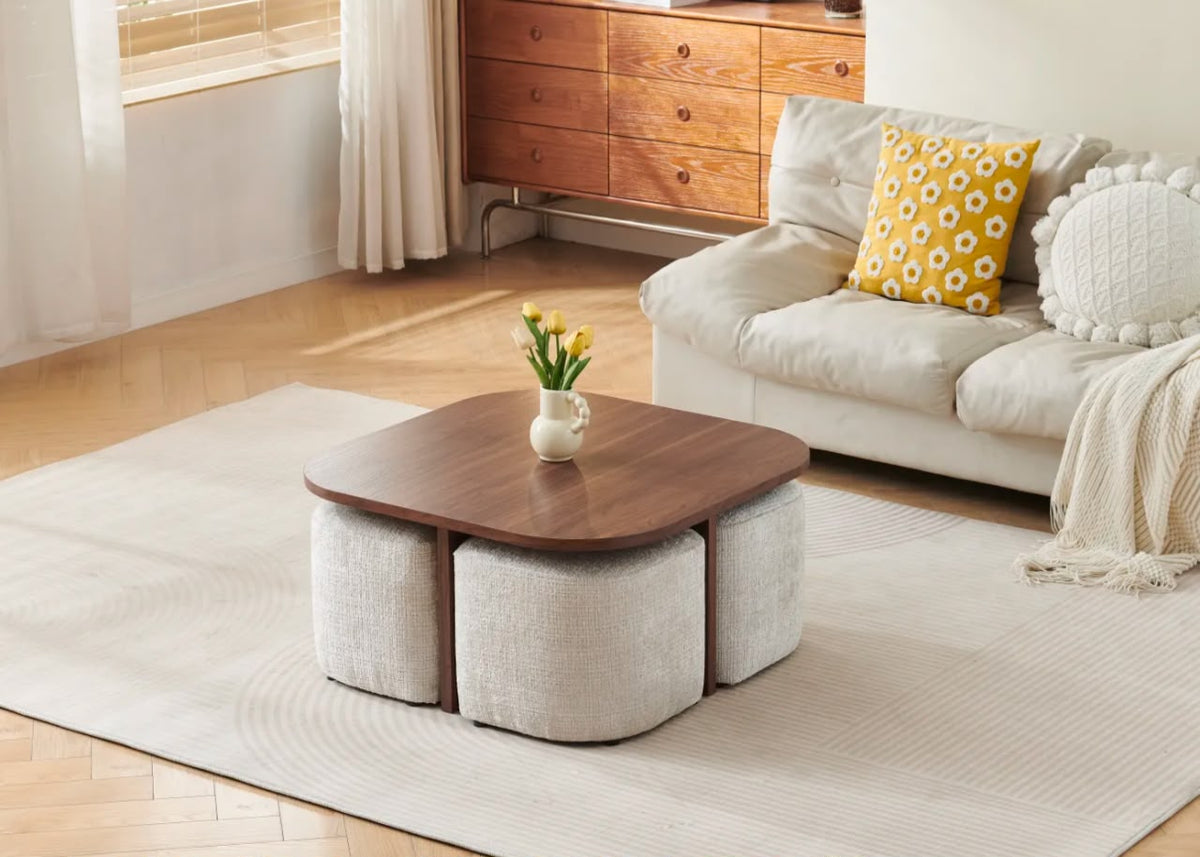 Table Basse Marbella Noyer avec Poufs
