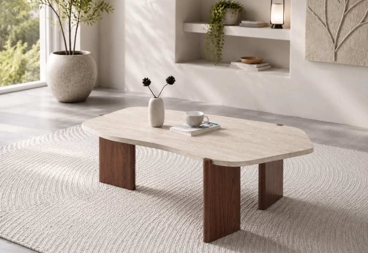 Table Basse Zora Effet Travertin Pied Noyer