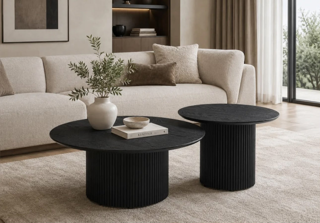 Table Basse BAIETA Pied Métal Noir Plateau MDF Effet Noir 80+60cm