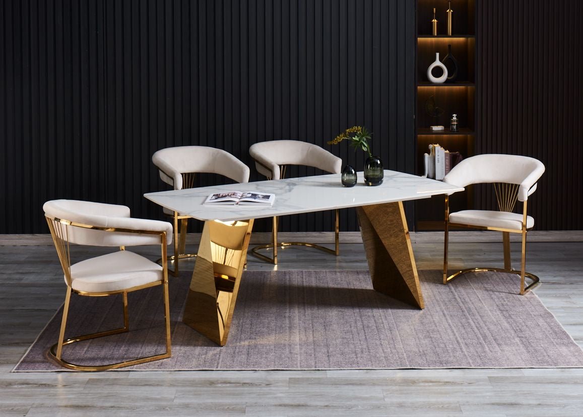 TABLE A MANGER GRAFFI PIED GOLD PLATEAU EN CERAMIQUE MARBRE BLANC