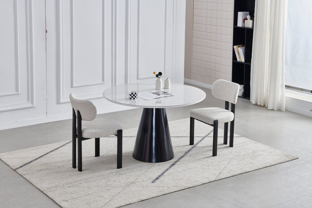 TABLE A MANGER CHLOE RONDE CERAMIQUE MARBRE BLANC PIED NOIR