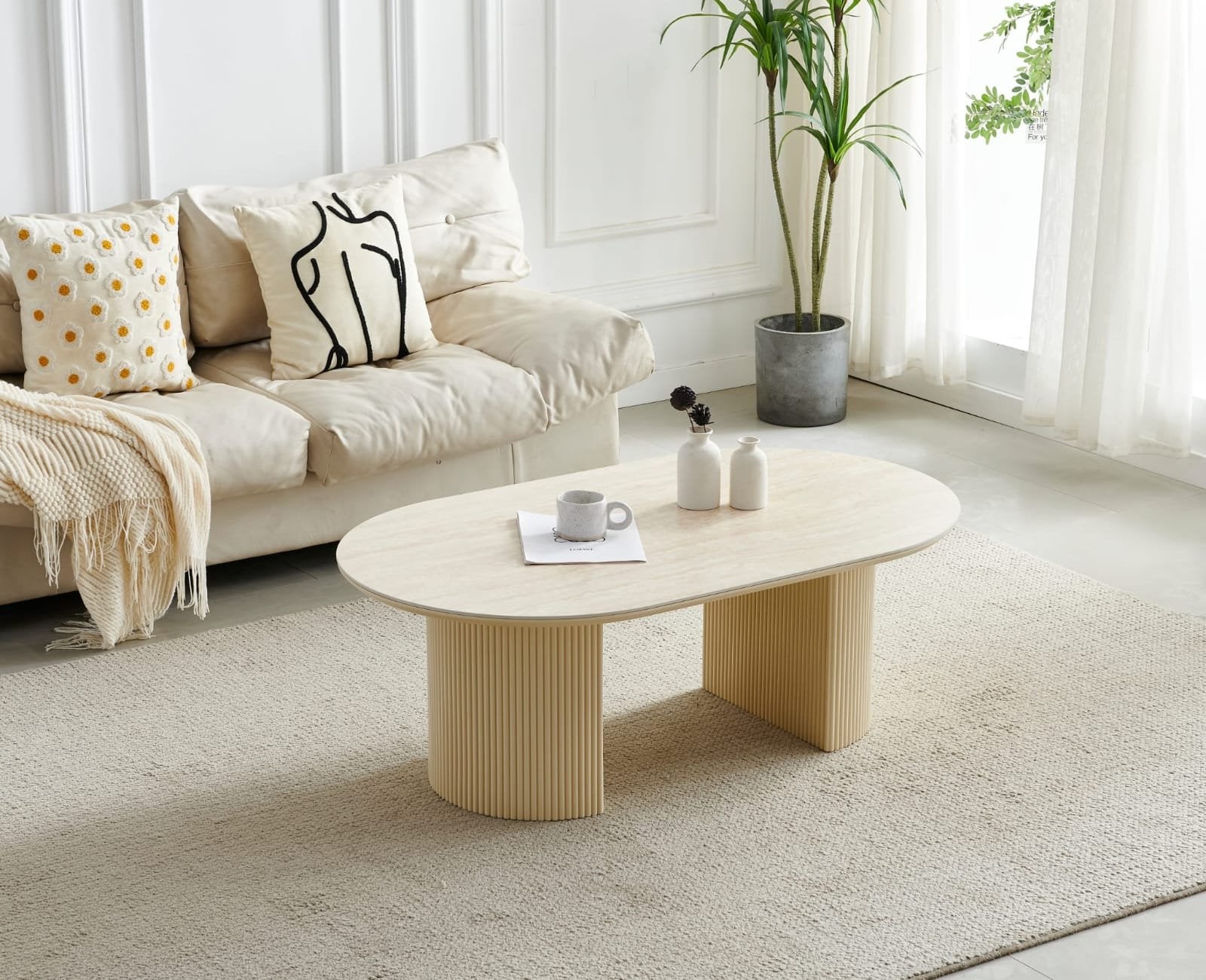 TABLE BASSE CALYPSO CERAMIQUE TRAVERTIN OVALE