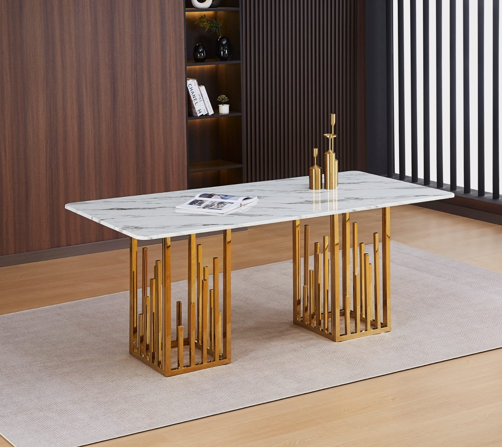 TABLE REPAS STALAX PIED GOLD PIERRE MARBRE BLANC