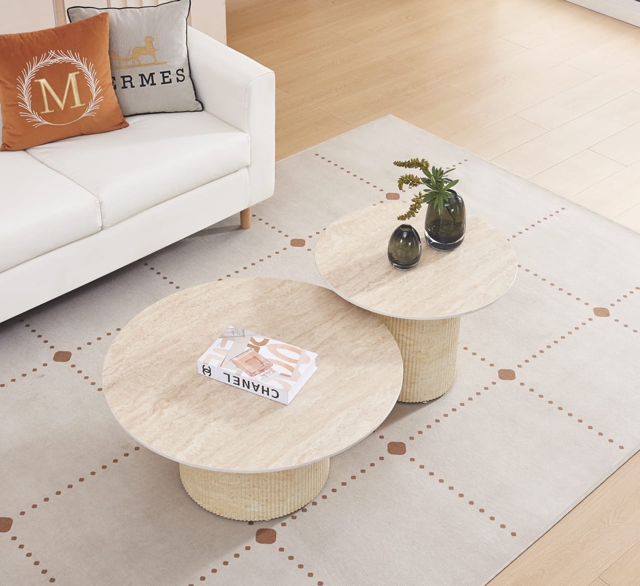 TABLE BASSE DUO BAIETA PIEDS BEIGE CERAMIQUE TRAVERTIN