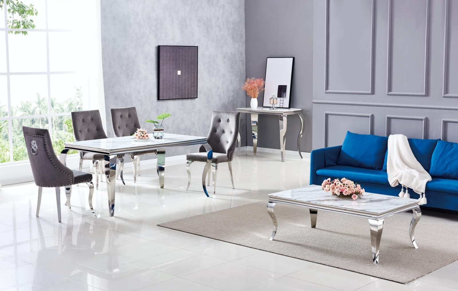 TABLE A MANGER BAROQUE CHROME MARBRE BLANC