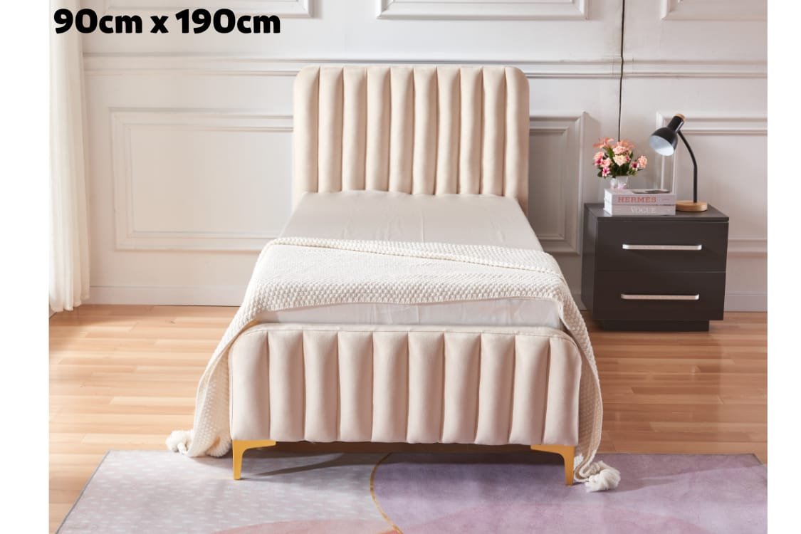 Lit faye capitonne en ligne velours beige