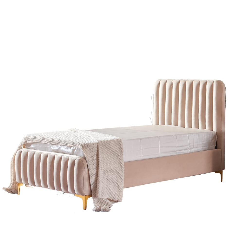 Lit faye capitonne en ligne velours beige