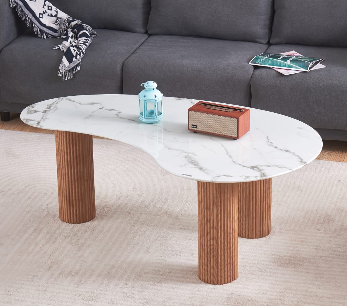 TABLE BASSE PYLONE PIED CHENE PLATEAU MARBRE BLANC