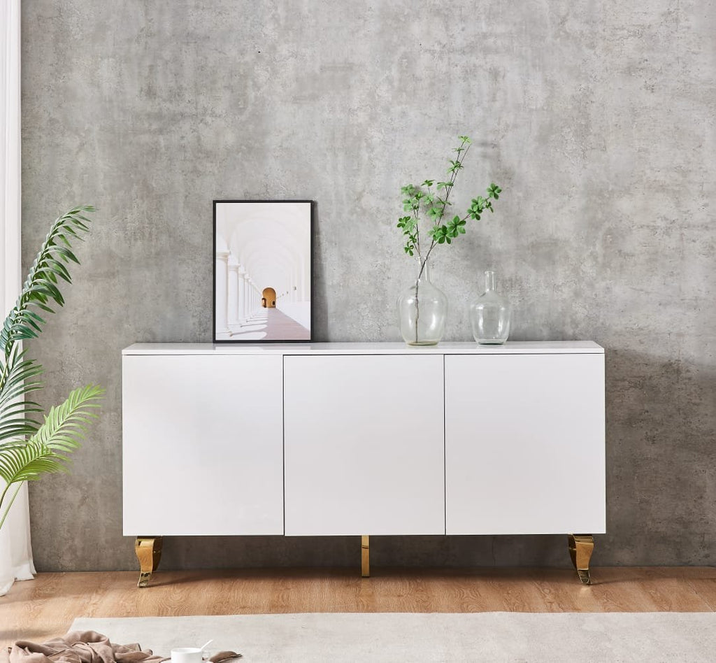 Buffet Baroque Laqué Blanc  avec Pieds Dorés en Acier