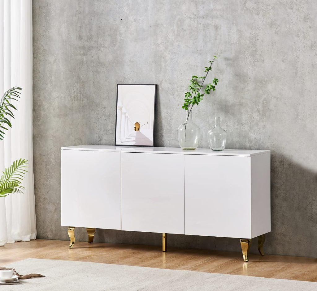 Buffet Baroque Laqué Blanc  avec Pieds Dorés en Acier
