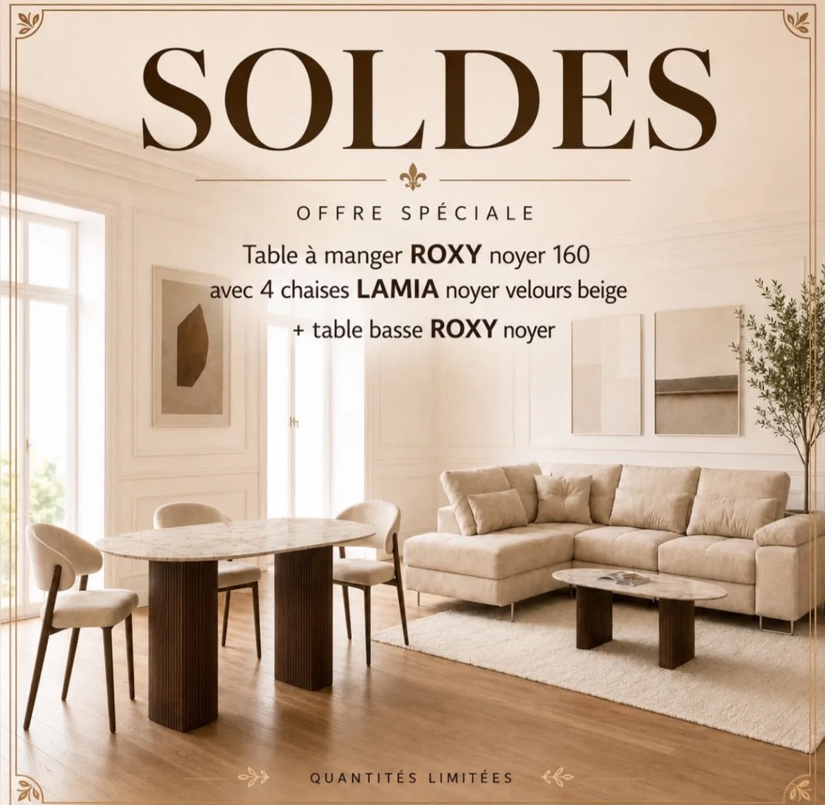 Pack Table à Manger ROXY Noyer + 4 Chaises Lamia + Table Basse Assortie