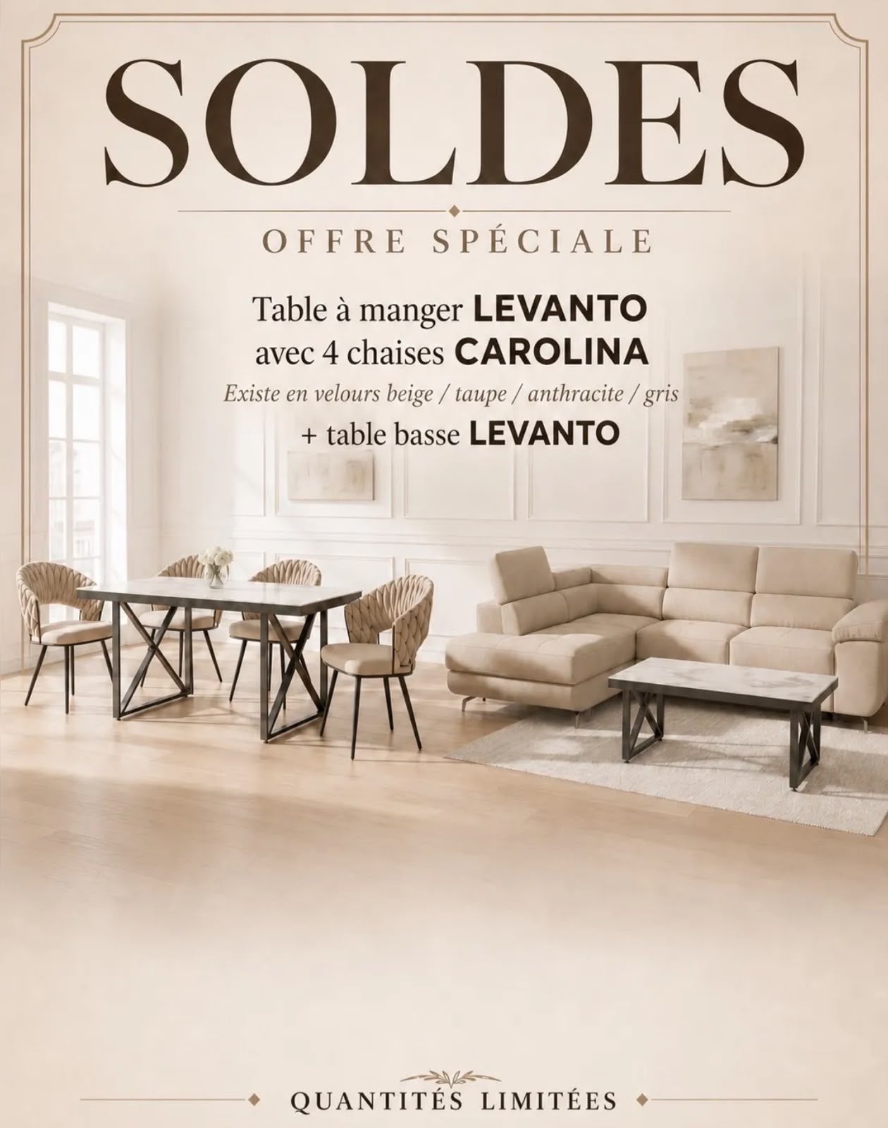 Pack Table à Manger LEVANTO 180 + 4 Chaises Carolina + Table Basse Assortie