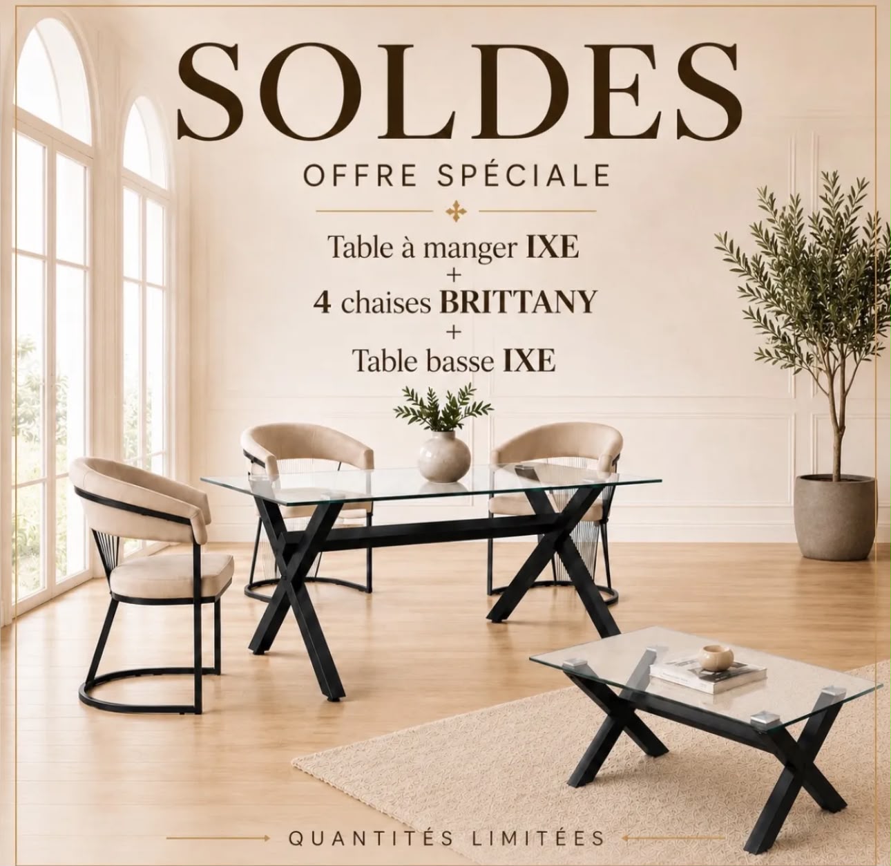 Pack Table à Manger IXE 150/180 + 4 Chaises Brittany + Table Basse Assortie